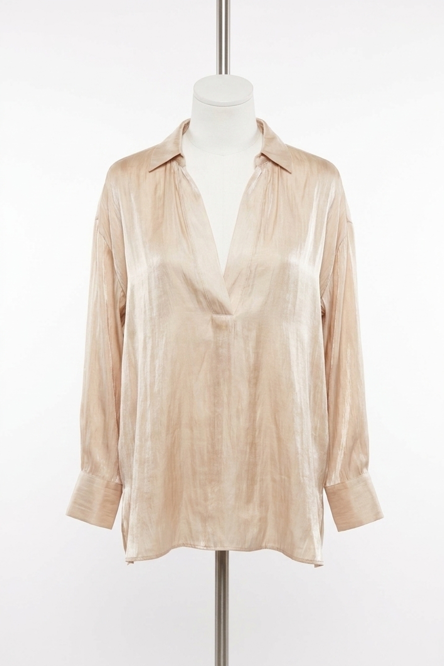 NEW GLAM split neck shimmer blouse in taupe shimmer